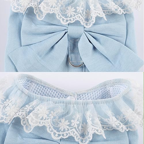 Miniatura 8 de Vestido de mezclilla para perro con anillo para correa, falda de princesa de malla de encaje con lazo para cachorro, ropa de moda para mascotas