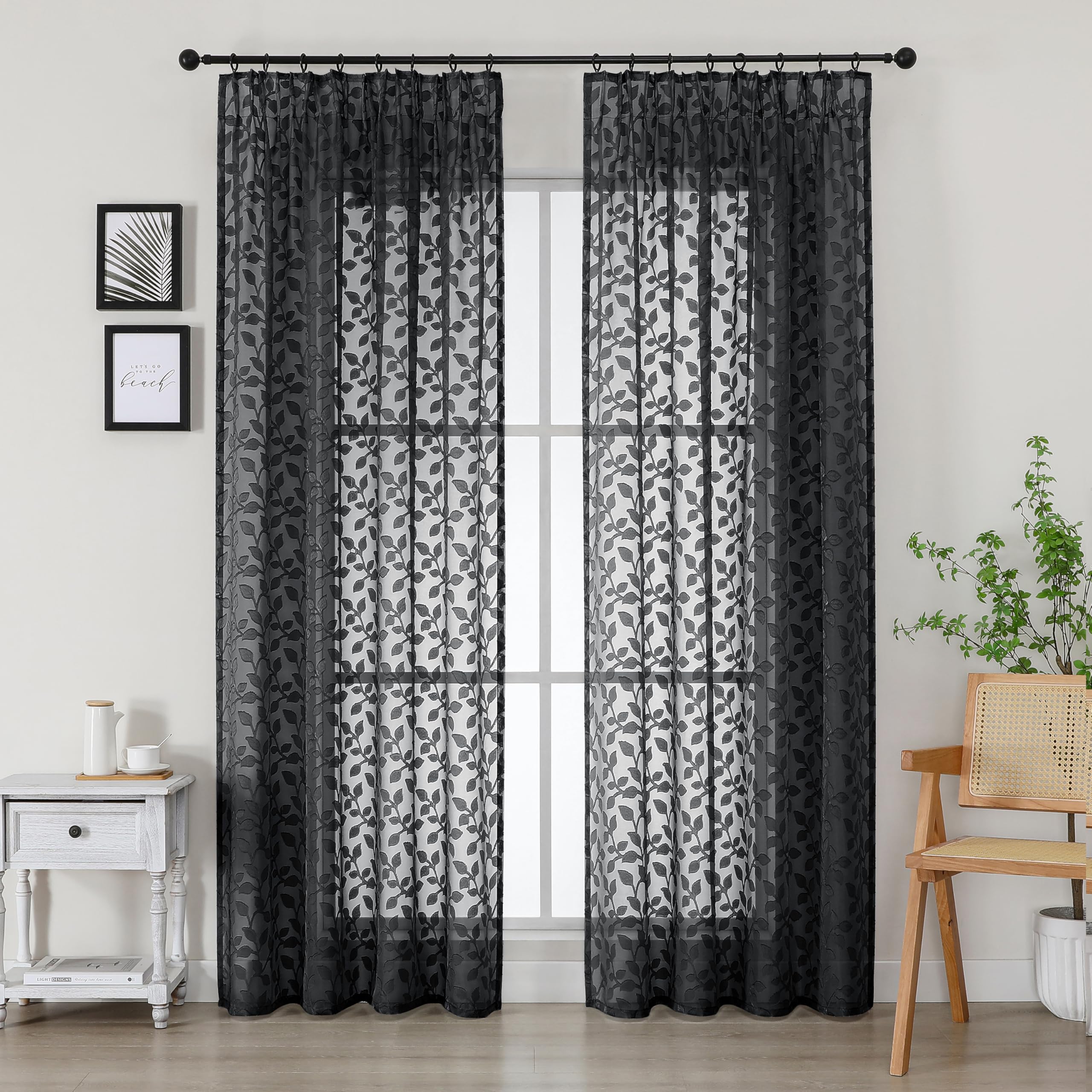 Simplebrand Black Sheer Curtains Charlton Leaf 2 Panels W140 x L200cm, Clip Jacquard Pencil Pleat Drapes, Semi-Sheer Window Curtains for Living Room Patio Doors, Modern Decorative All Season