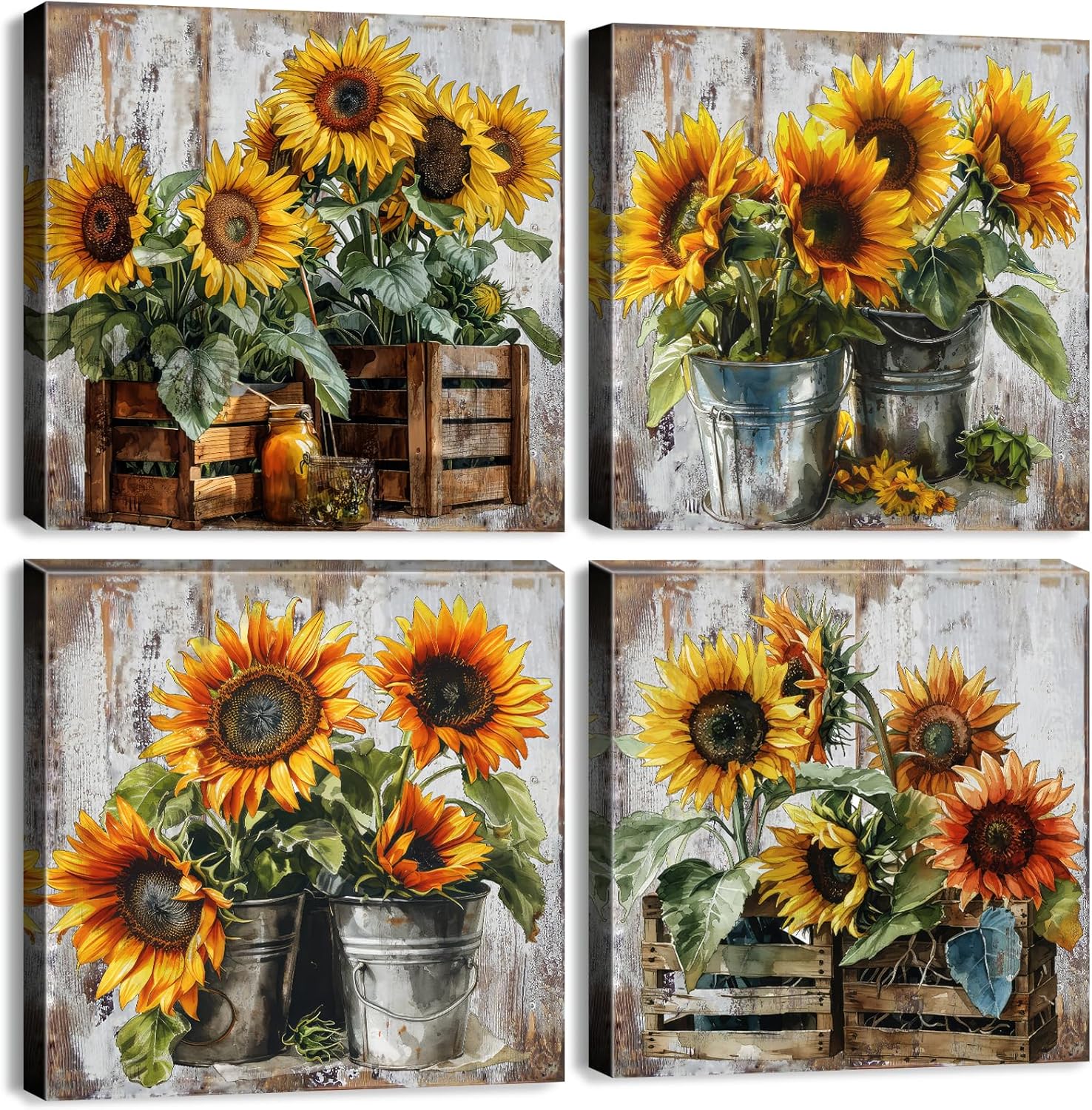 Vintage Sunflower Wall Art Kitchen Wall Decor Rustic Farmhouse Flower Pictures Nature Wildflower Posters for Dining Room Country Floral Paintings Artwork Bathroom Living Room Home Decorations 12x12 4Pcs