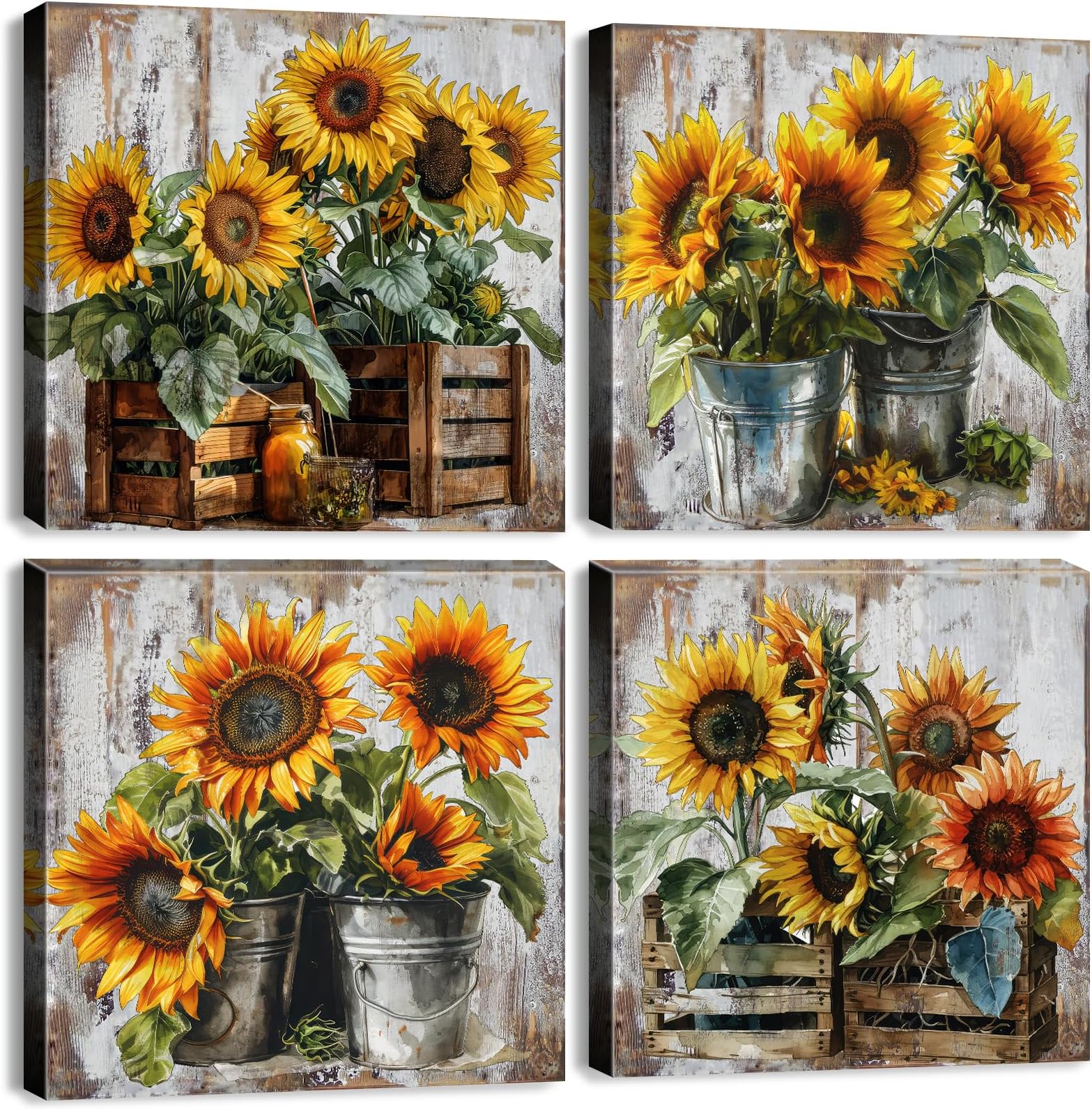 Rustic Sunflower Canvas Wall Art Farmhouse Kitchen Wall Decor Dining Room Picture Vintage Flowers Posters Prints Country Gold Floral Paintings Artwork for Living Room Home Decorations 20x20 4Pcs