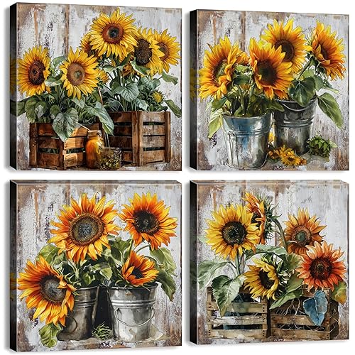 Vintage Sunflower Wall Art Kitchen Wall Decor Rustic Farmhouse Flower