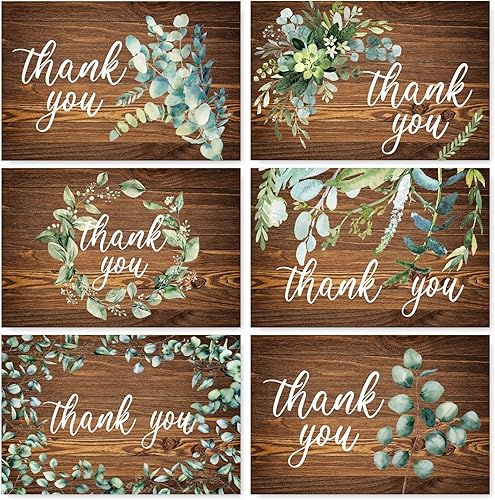 Whaline Paquete de 30 tarjetas de agradecimiento rústicas con sobres calcomanías de eucalipto de acuarela tarjetas de felicitación para bodas