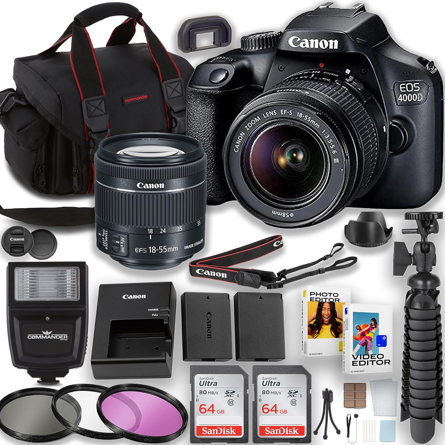 Canon EOS Rebel 4000D / T100 DSLR Camera with EF-S 18-55mm Lens + 2pc 64GB Memory Cards + Flash + Photo and Video Software & More (Renewed) Canon EOS Rebel 4000D / T100 DSLR Camera with EF-S 18-55mm Lens + 2pc 64GB Memory Cards + Flash + Photo and Video Software & More (Renewed)