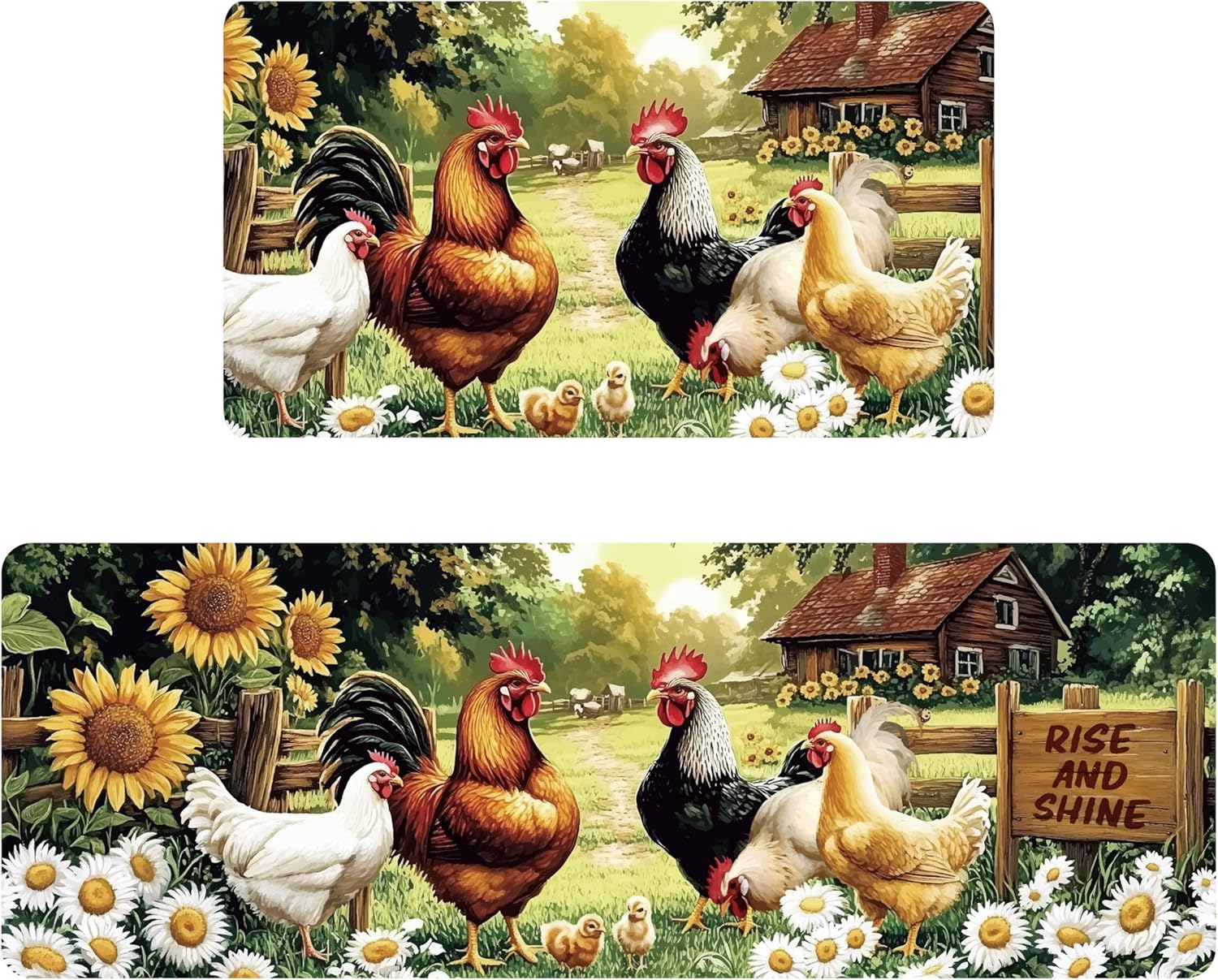 PH PandaHall Farmhouse Kitchen Rugs and Mats Set of 2, Chook Sunflower Chicken Rugs Non-Slip Washable Floor Mat Soft Cushion with Rubber Backing for Home Kitchen Bathroom Decor, 30"x17" + 47"x17"