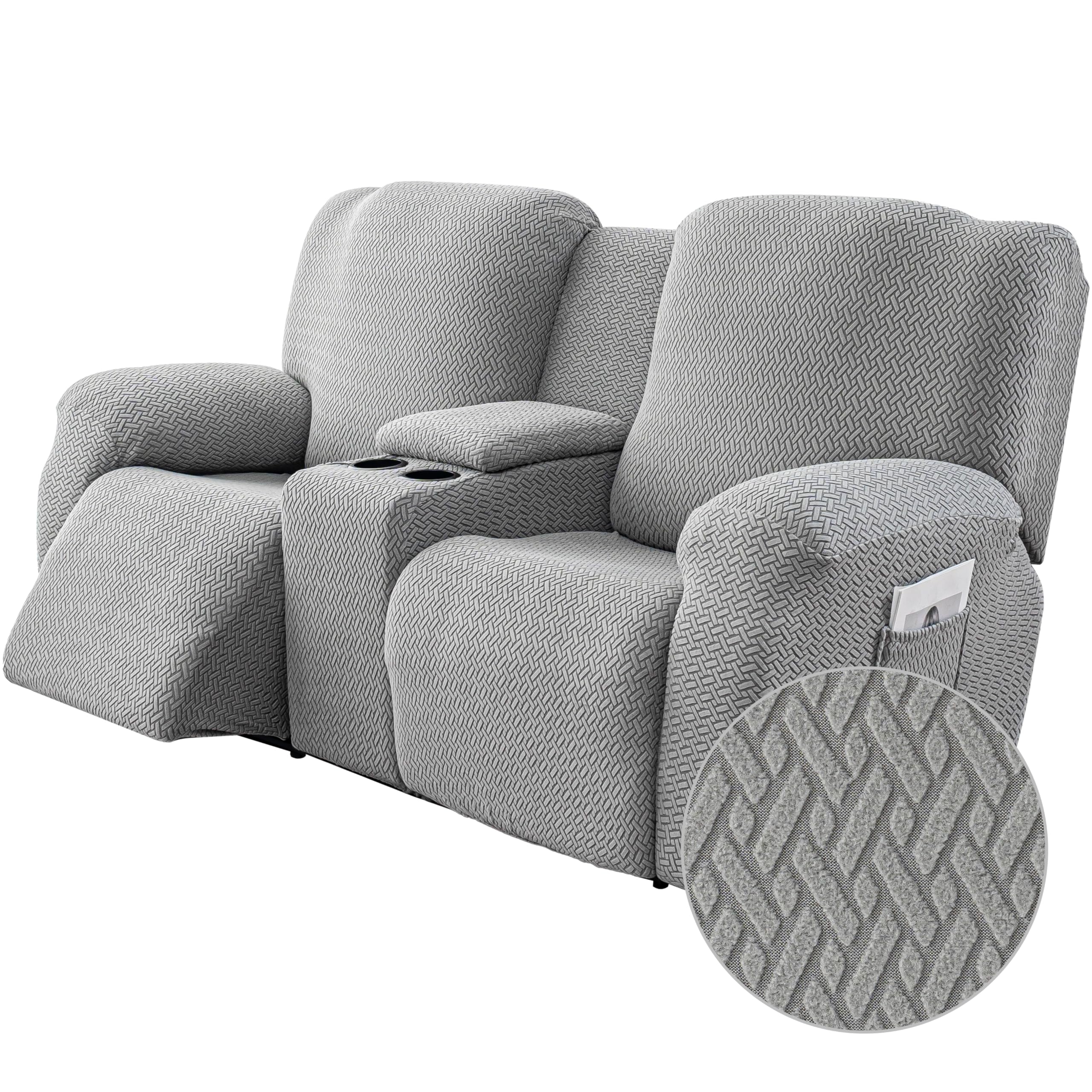 Genina Recliner Loveseat Covers with Console,2 Seater,Light Gray