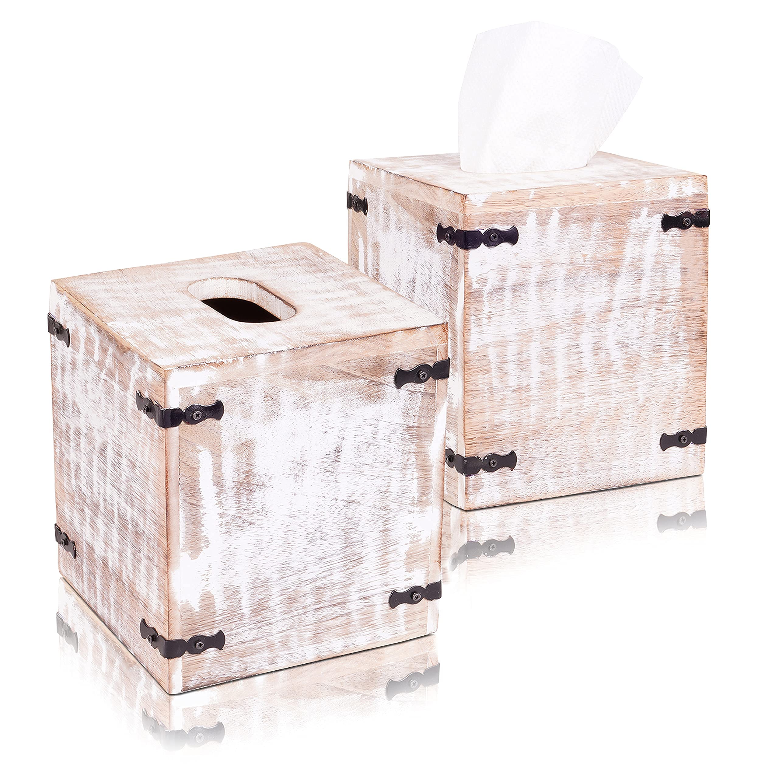 Luxe Designs Rustic Wood Tissue Box Cover with Slide-Out Bottom Panel - Decorative Mango Wood Tissue Box Holder for Bathroom, Car, or Office Desk - 5.7 x 5.7 x 6.5 Inches, Rustic White (Set of 2)