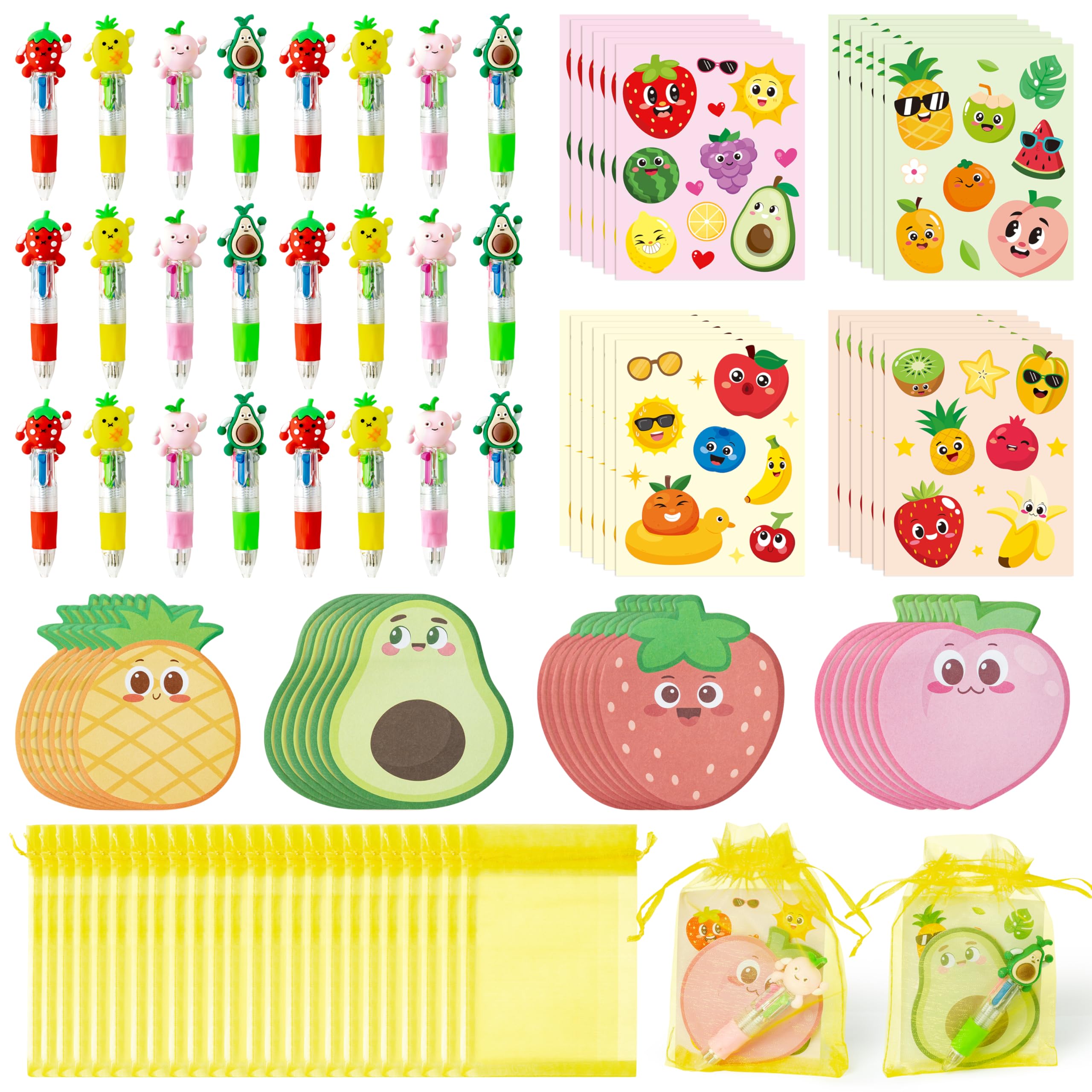 CY2SIDE Fruit Stationery Party Gift - 12 Pack Fruit Stationery Gifts Set Include 4-in-1 Ballpoint Pens Sticky Notes Stickers and Organza Tutti Party Favors Goodie Bag Fillers for School Rewards