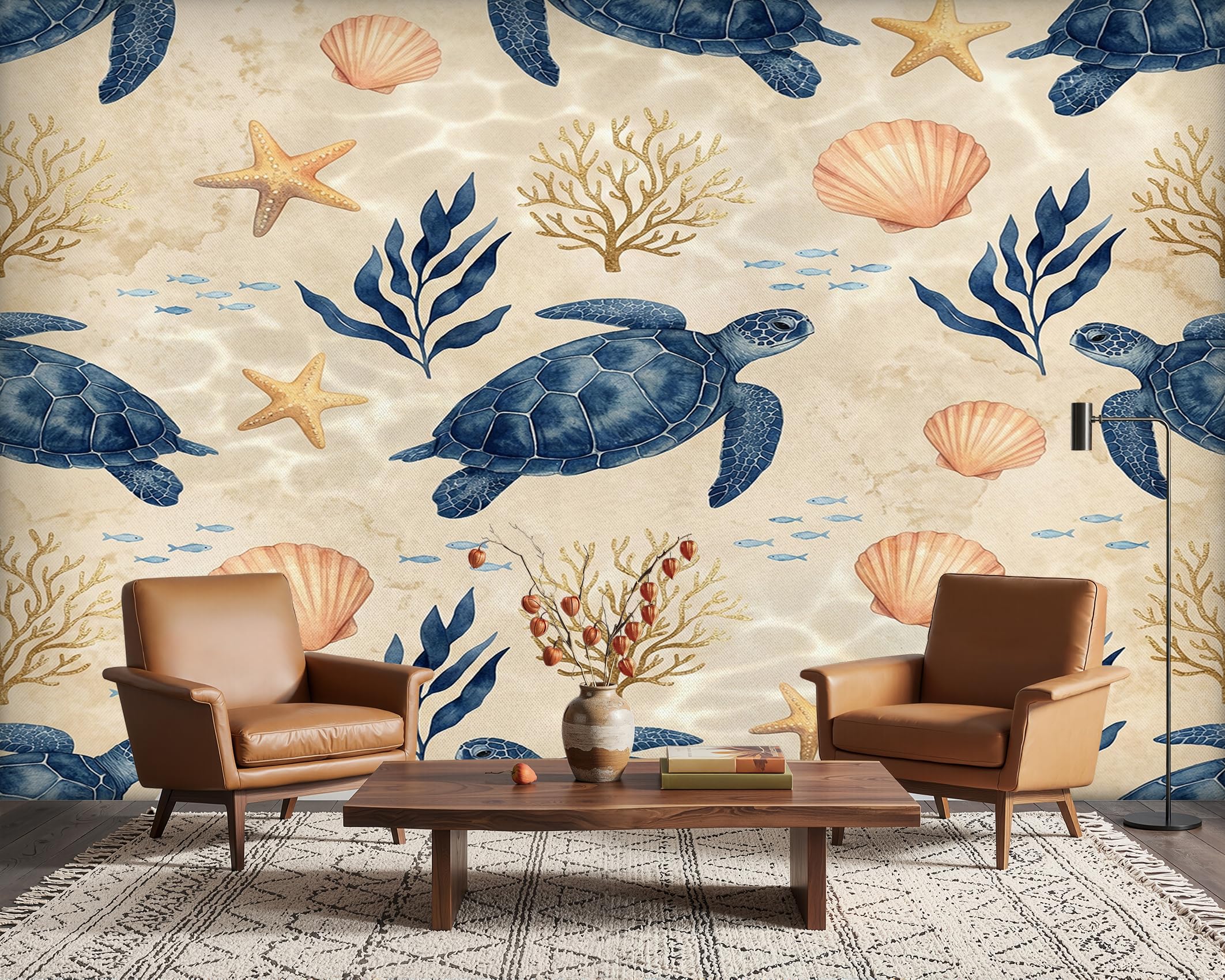 PaxGloz Watercolour Sea Turtle Sea Life Wallpaper, Beige Vintage Coastal Wall Mural for Living Room & Bedroom, Non-Woven Decorative Wall Art 500x280 cm — image 1