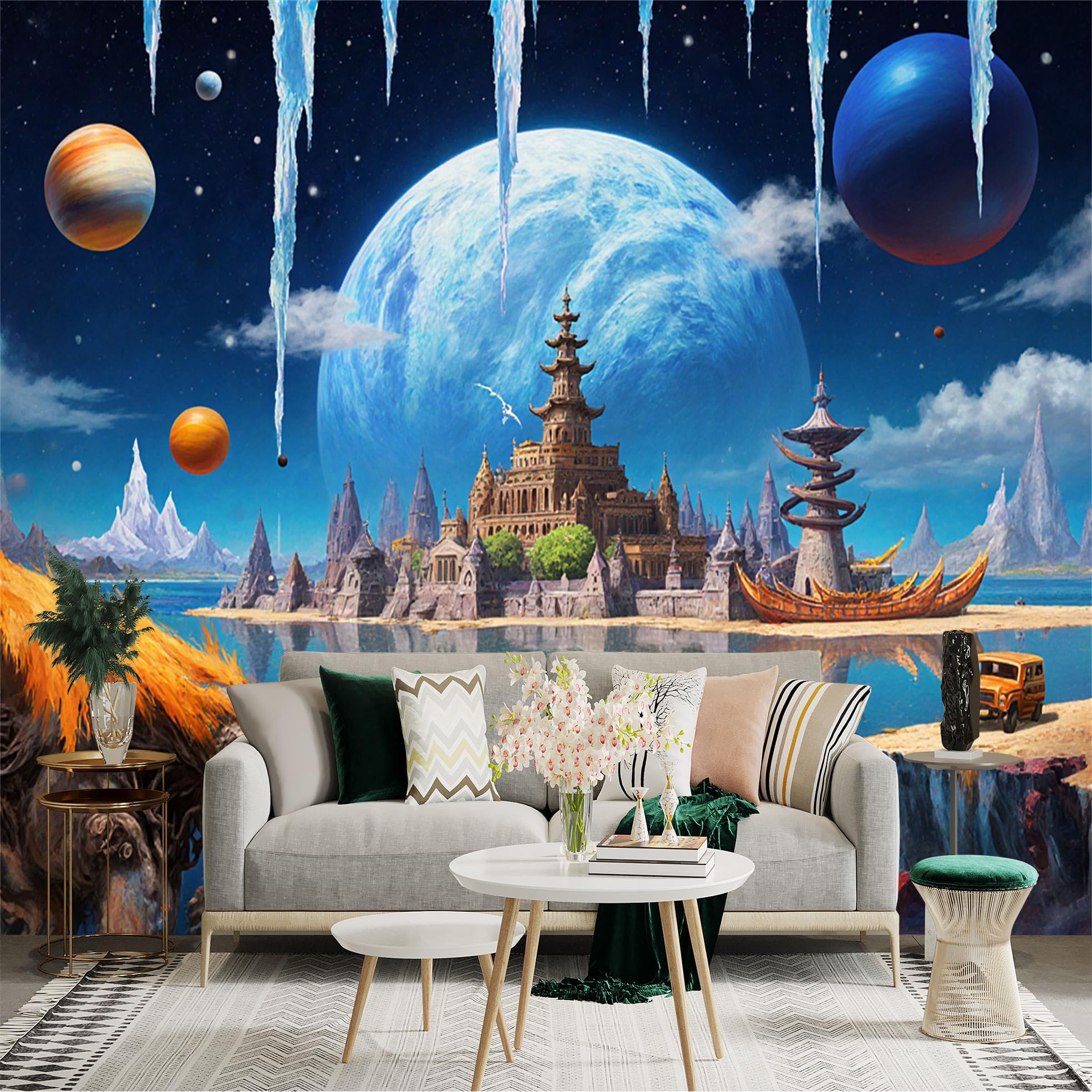 Custom Size Wall Sticker Mural， Fantasy Temple with Planet Landscape， Ice Peaks and Reflective Lake， for wall Decoration， peelandstick wall Decals.