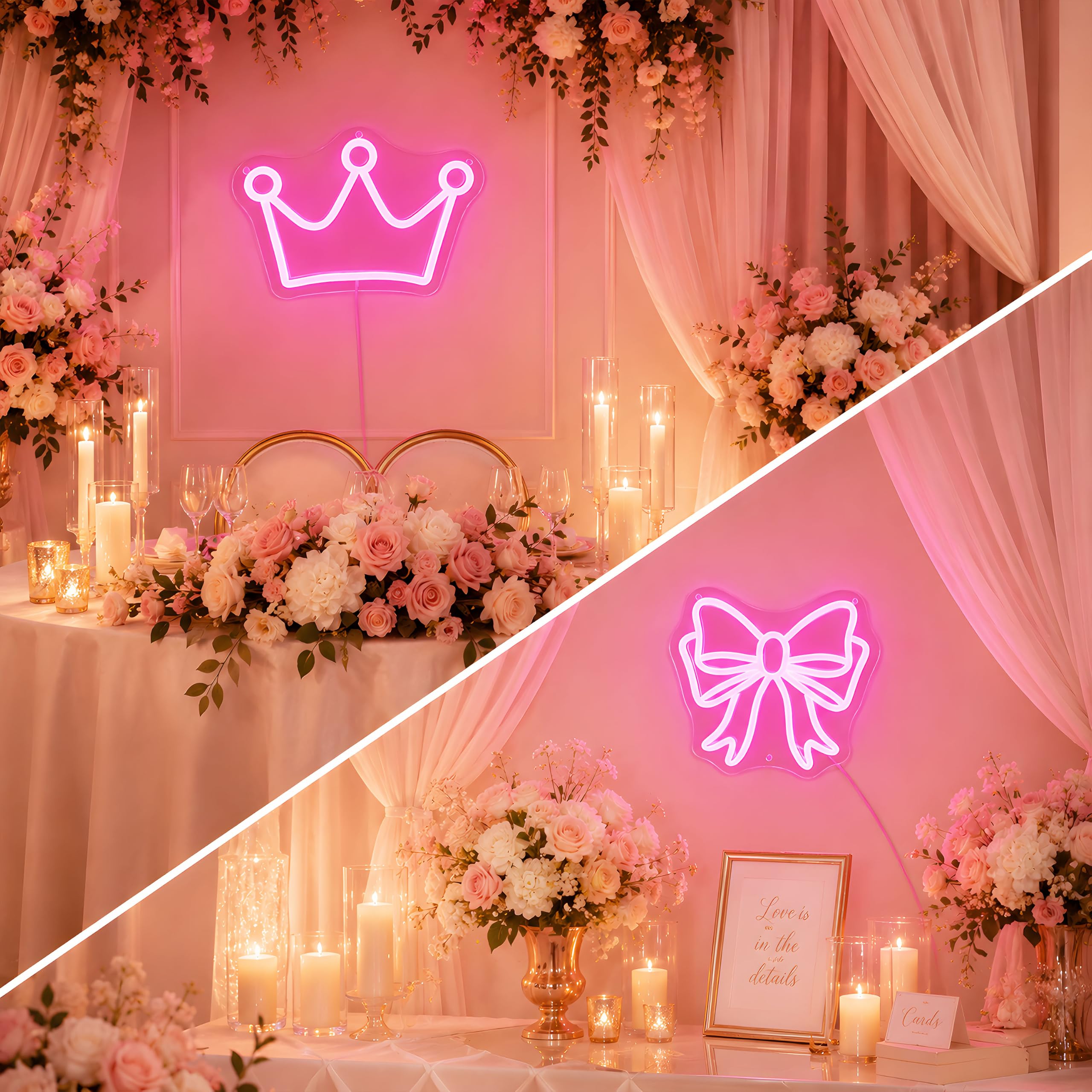 Confezione da 2 insegne al neon a forma di fiocco e corona, luce LED rosa per decorazione della camera da letto, alimentata tramite USB, dimmerabile, luce al neon per sala di bellezza, dormitorio