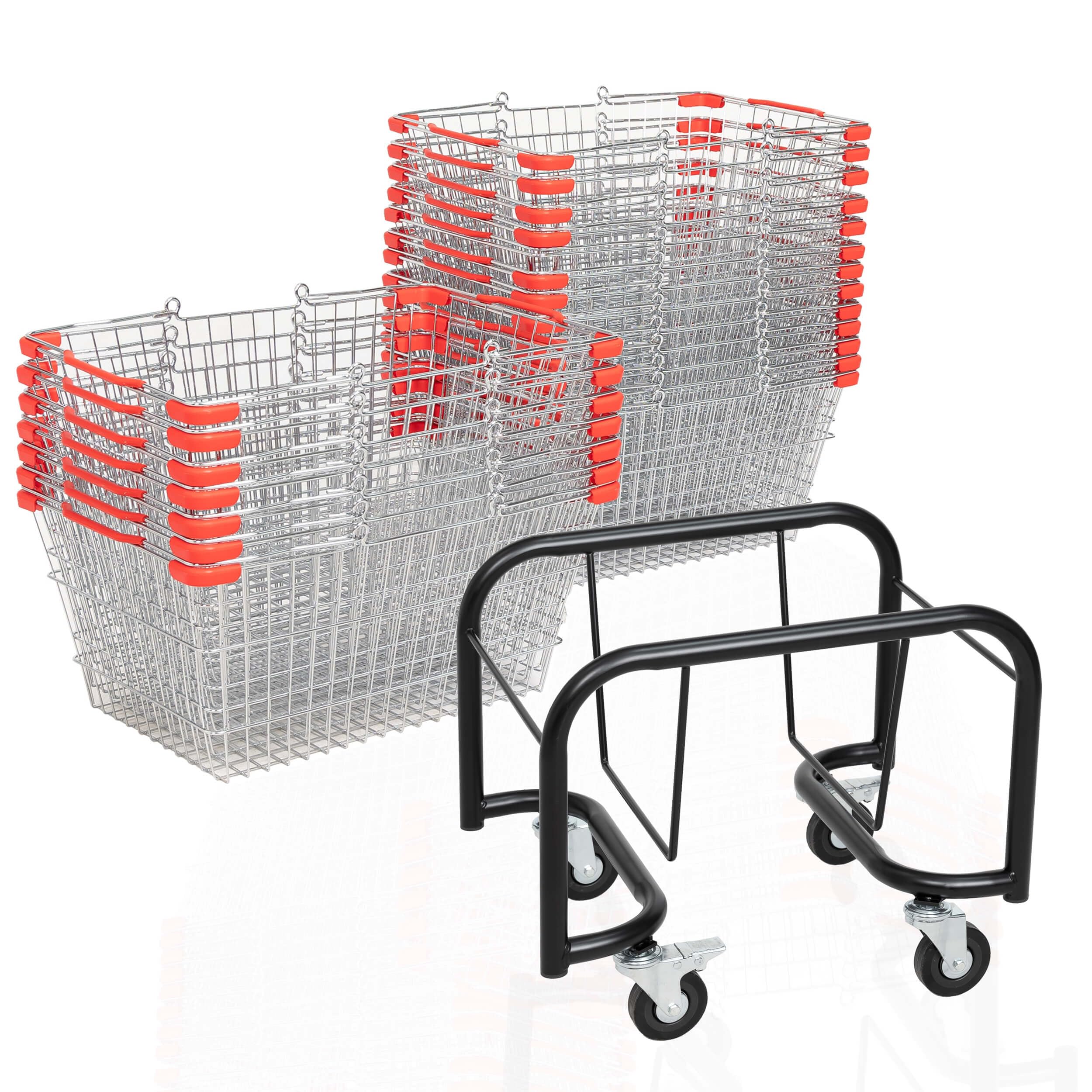 Metall-Einkaufskörbe 20er Set 22L mit Sammelwagen schwarz | 20 Körbe mit Griff, Tragekorb, Einkaufskorb, 30 kg belastbar, stapelbar, Metallkörbe, rollbarer Korbstapelwagen, Sammelwagen