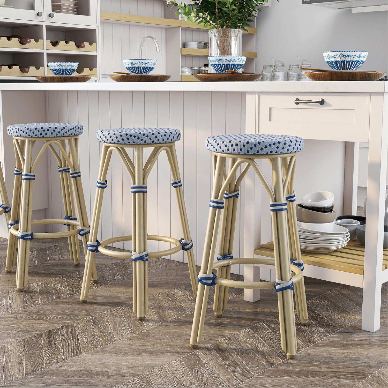 24/7 Shop at Home Seadrift Boho 26-inch Aluminum and All-Weather Wicker Barstools with Footrest, Patio Stools & Bar Chairs for Outdoor, Kitchen Counter, Poolside, Yard, Set of 2, Gray and Navy Blue