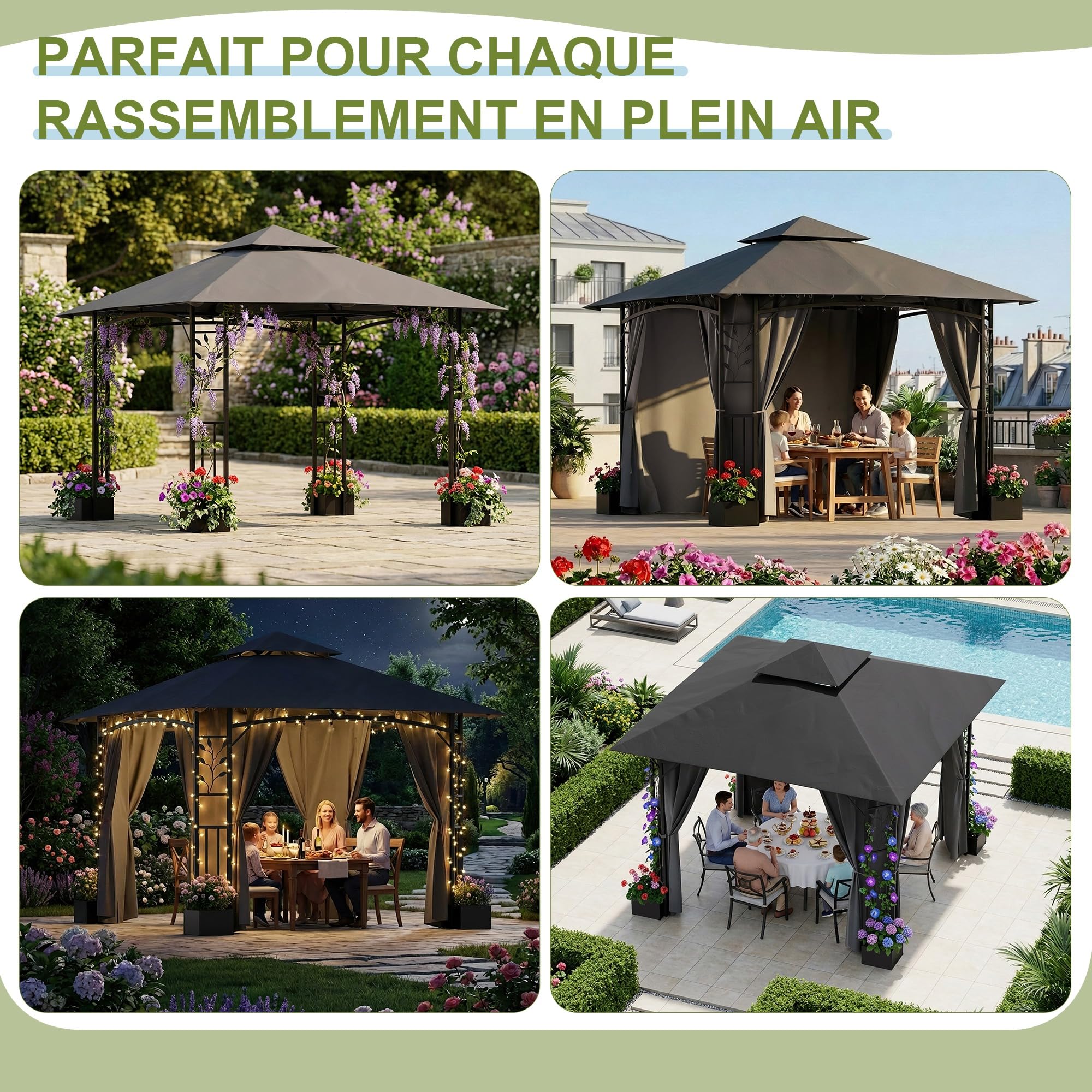 Devoko Tonnelle de Jardin Exterieur 3.3 x 3.3 m avec 4 Pots de Fleurs - Pavillon de Jardin Double Toit Aéré, Cadre Feuillage, Rideaux Détachables, Protection UV & Imperméable Idéale Pour Exterieur