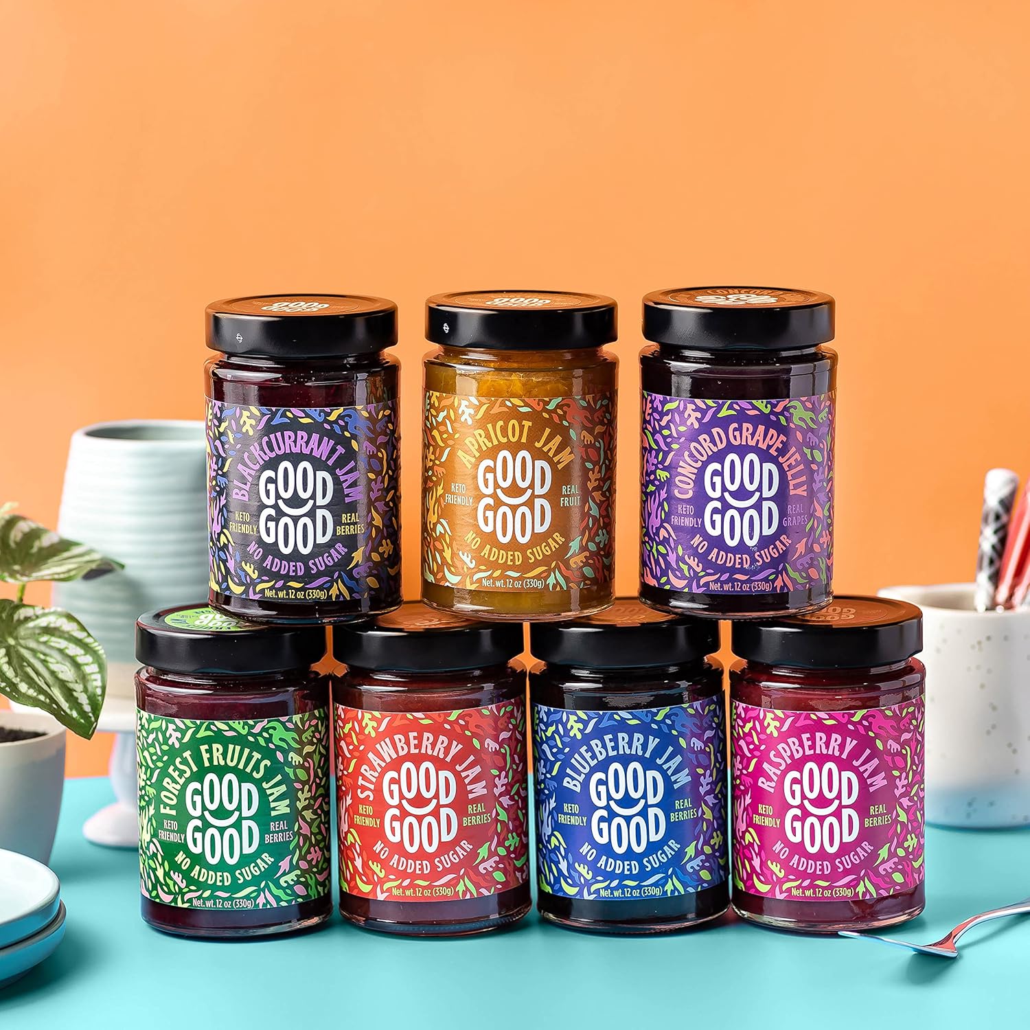 GOOD GOOD Healthy Jam Variety Pack – No Added Sugar Fruit Spread, Keto and Diabetic Friendly, Low Calorie, Concord, Strawberry, Apricot and Forest Fruit (4 Jars)
