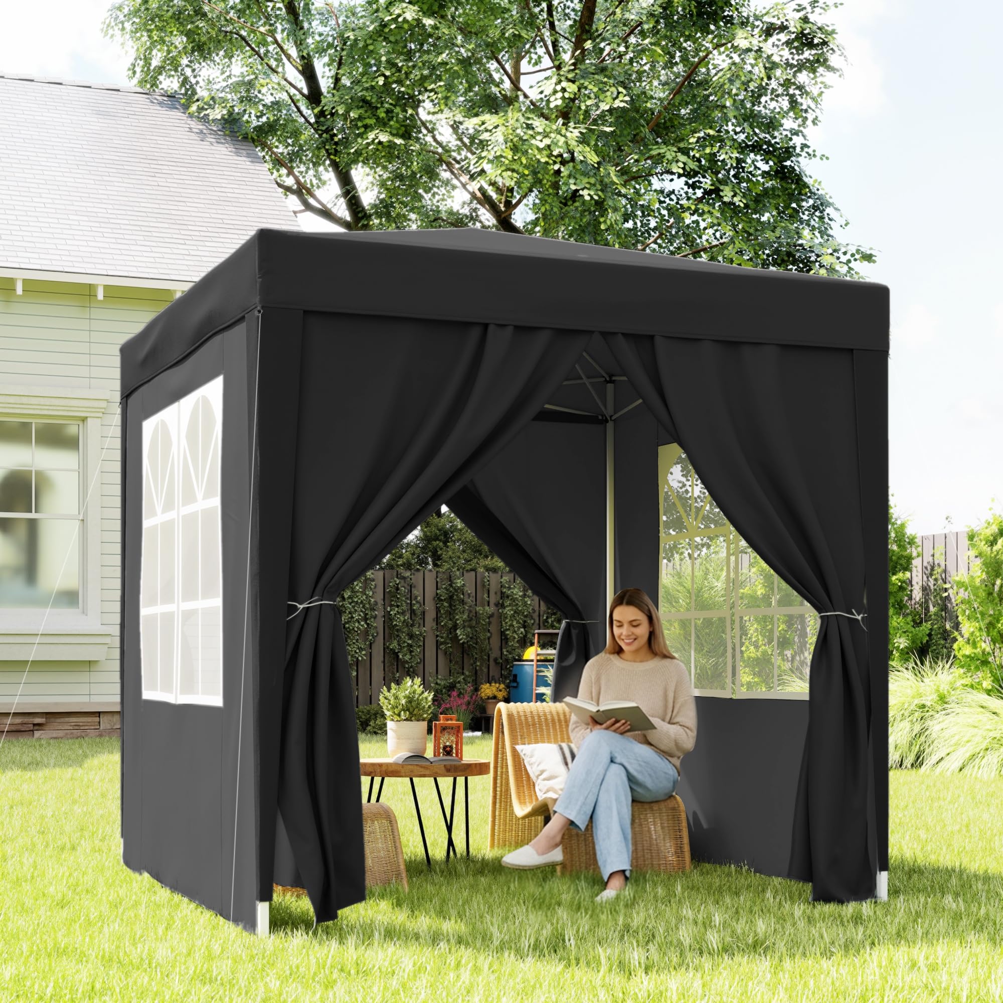 Outsunny Tonnelle de Jardin Pliante Pop-up 2 x 2 m, Protection UV, Cadre en Acier, 4 côtés Amovibles, Noir