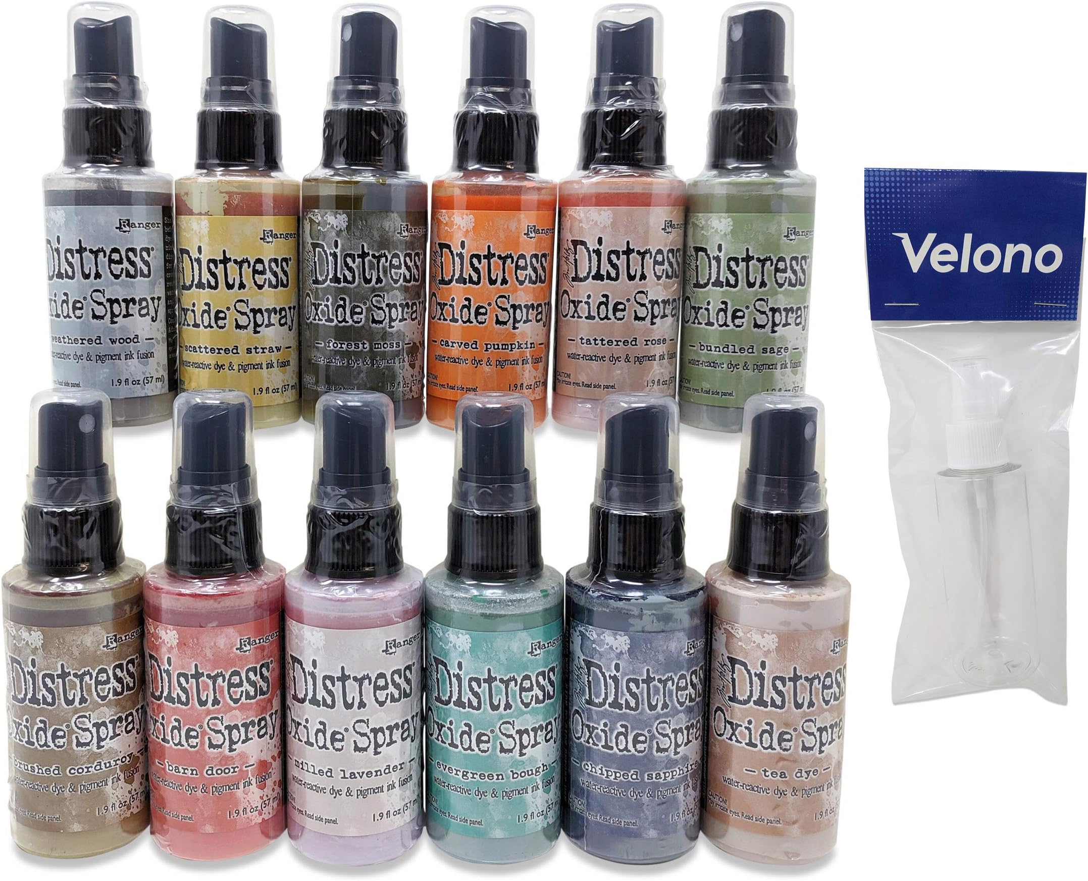 Ranger Tim Holtz Distress Oxide Spray 13-Piece Bundle, 12x Distress Oxide Ink Spray 2oz Bottles (Release 4 Fall 2019), 1x Velono 2oz Clear Spray Bottle