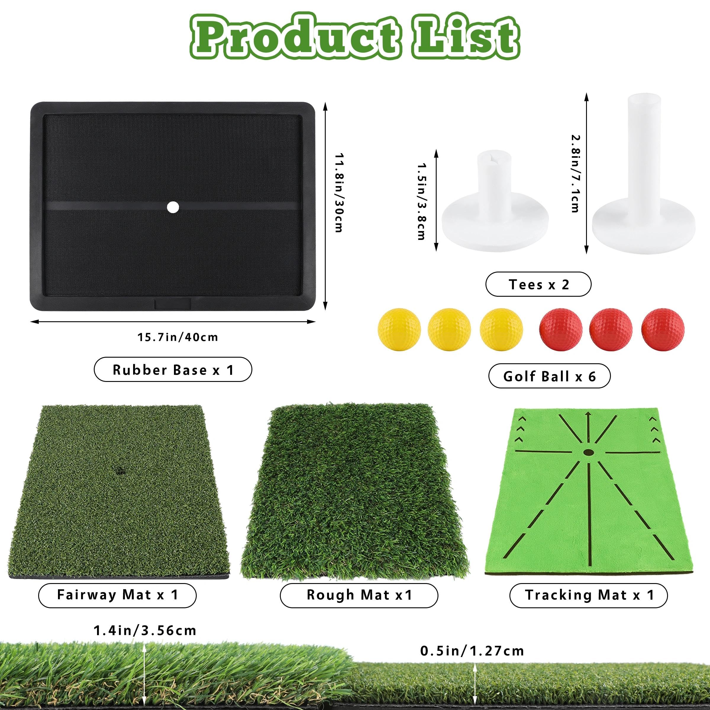Alfombrilla de práctica de golf, alfombrilla de golf reemplazable, 40 x 30 cm, para interiores y exteriores, con base de goma antideslizante, tri césped, pelota y tees