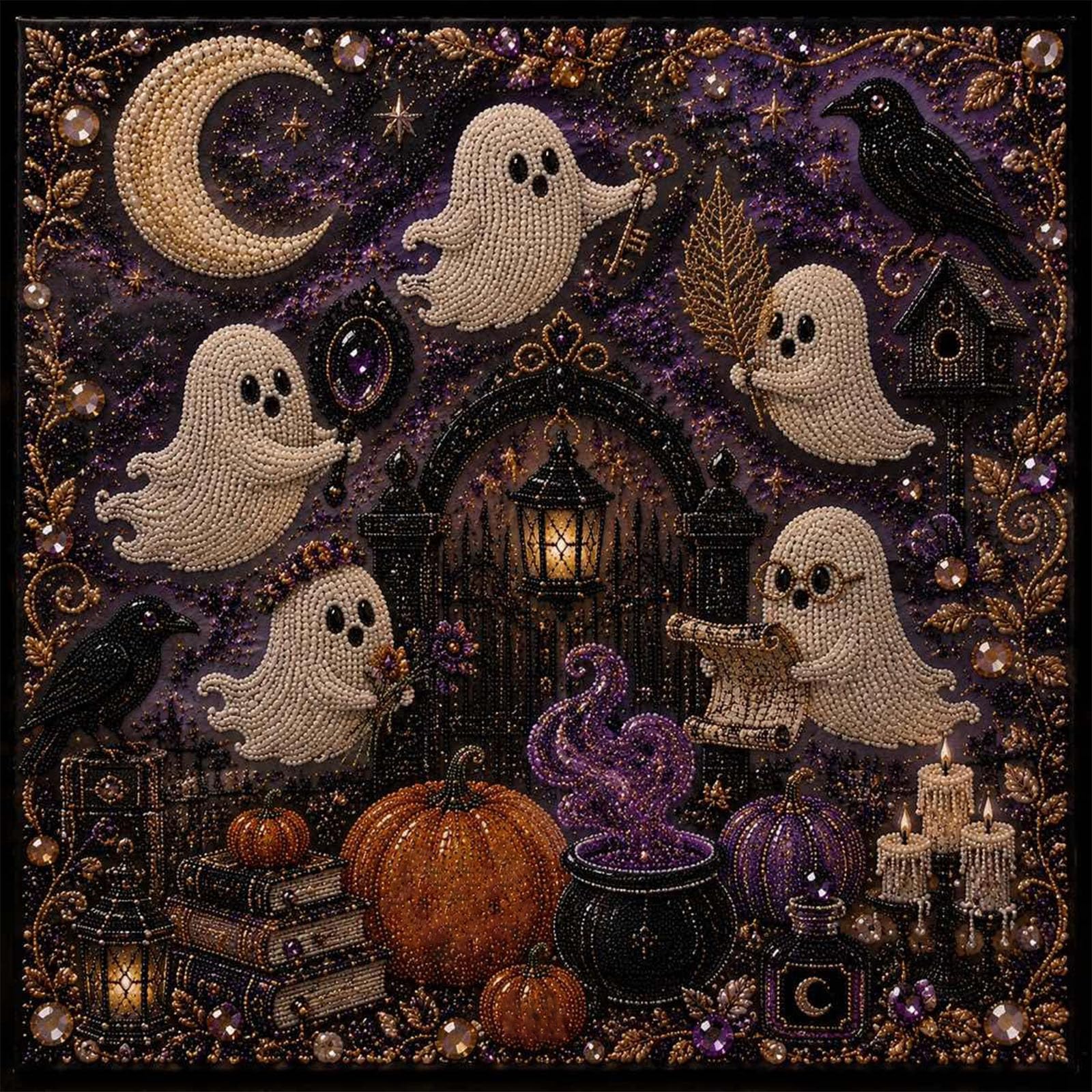 Halloween Ghost Pearl Diamond Art DIY Kit, 3D Pearl Diamond Painting Crafts Kits for Adults, Halloween Ghosts Pearls Art DIY Kit for crafting, Spooky Ghost Festive design for seasonal projects (E)