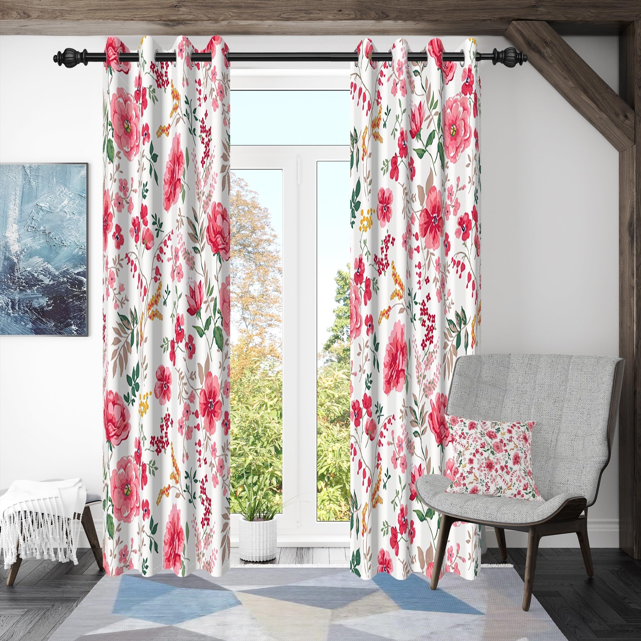 117x183cm Cortina con Ojales de Flores Rosa Floral Estético Botánico Granja Estilo campestre Aislantes Térmicas Cortinas para Ventanas Dormitorio de niña Sala de Estar,2 Panels