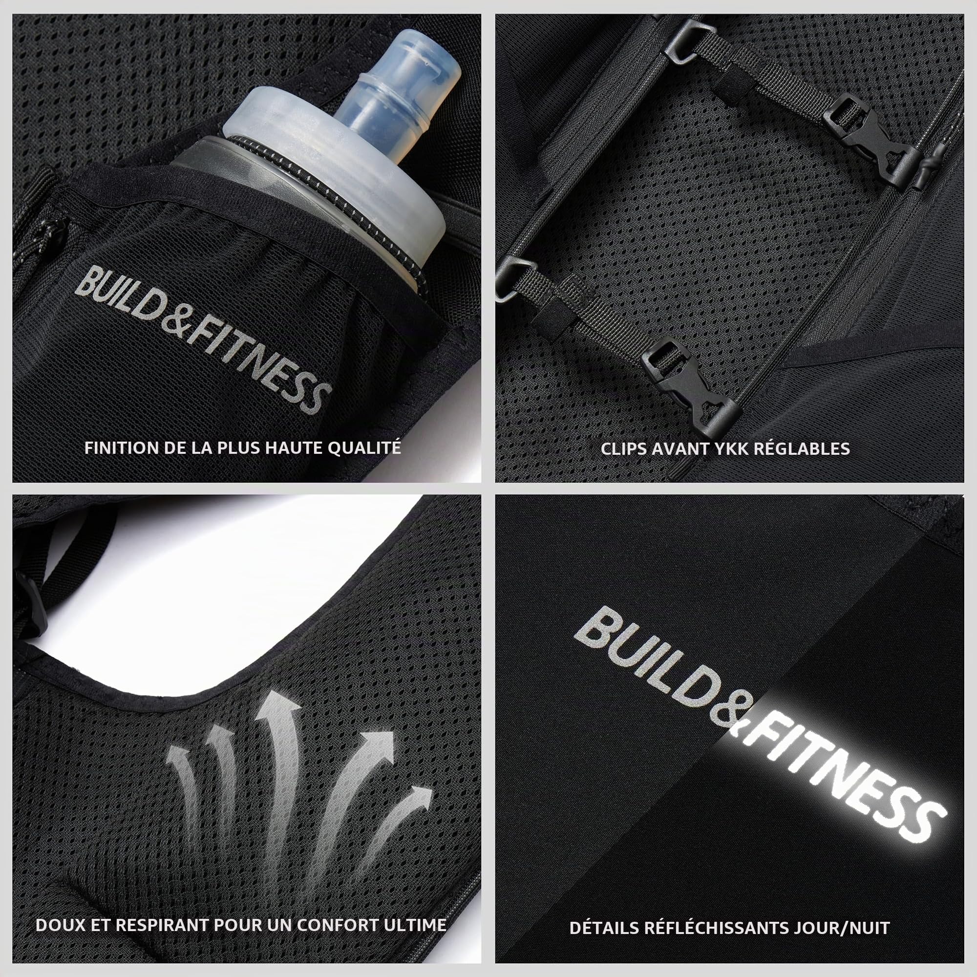 Gilet d'hydratation LITEVEST Build & Fitness avec 2 gourdes Souples de 500 ML – 7 Poches, Respirant, Confortable, sécurisé et élégant pour Le Trail, Les Marathons et Les Courses Quotidiennes
