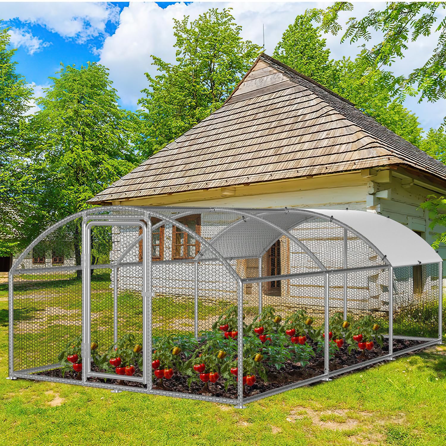 Gallinero de 3 x 6 x 2 m, techo abovedado, valla para aves de corral, con candado de acero galvanizado y lona impermeable de polietileno, fácil de limpiar