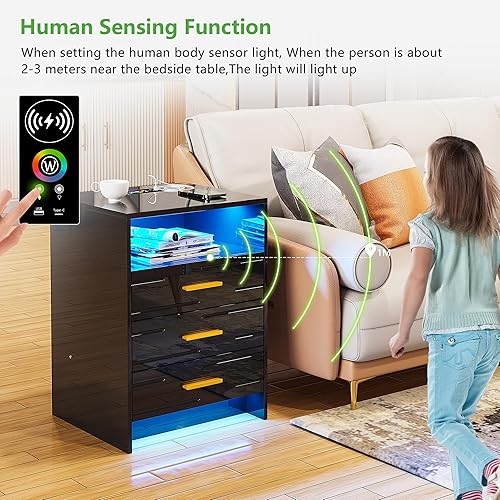 Miniatura 45 de HNEBC Mesita de noche LED, mesita de noche negra con estación de carga, USB + tipo C + carga inalámbrica, mesita de noche inteligente con sensor