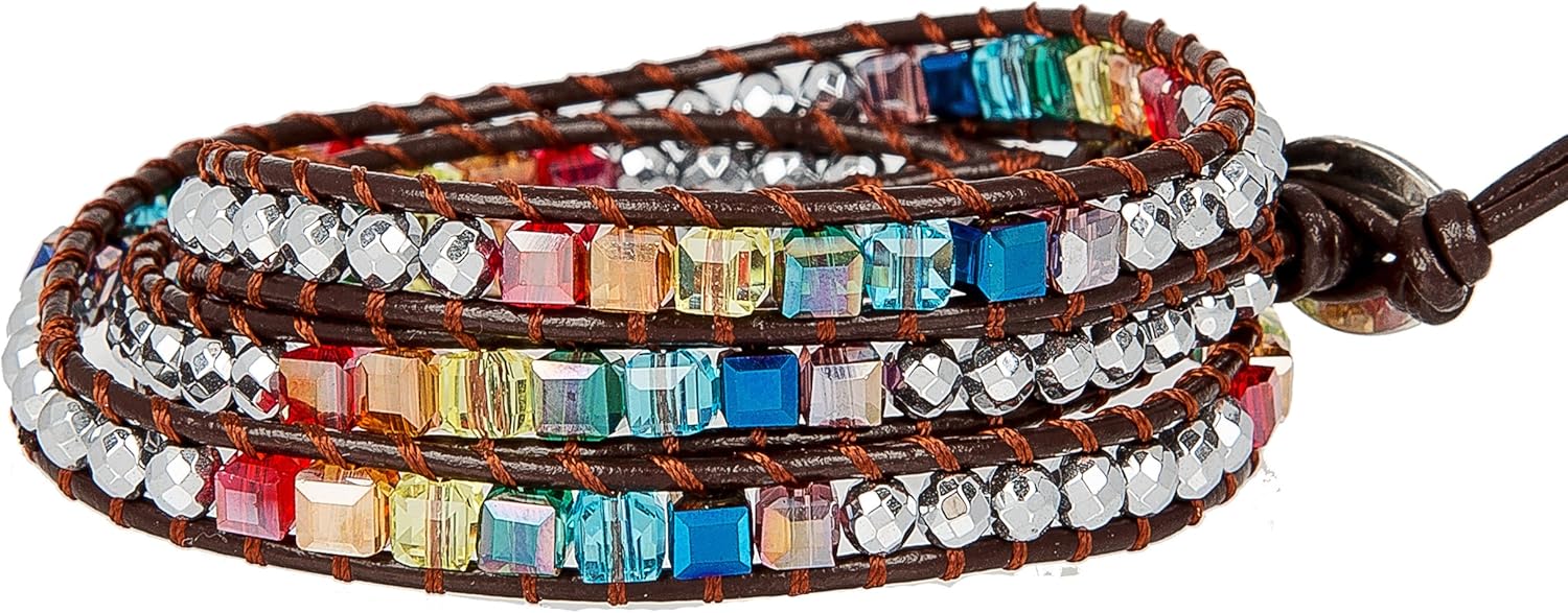 SPUNKYsoul Chakra Awareness Leather 3 Wrap and Crystal Bracelet for Women (Brown): Clothing, Shoes & Jewelry