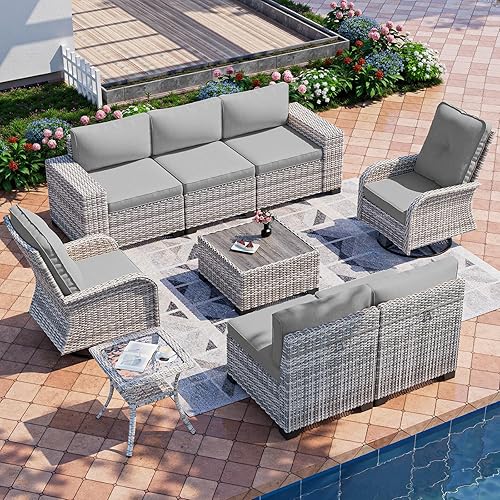9-Piece Outdoor Patio Furniture Set with Rocking Swivel Chair Wicker Sectional Sofa Set, Patio Conversation Set with Thickened Cushions & Coffee Table for Garden, Backyard, Poolside, Grey