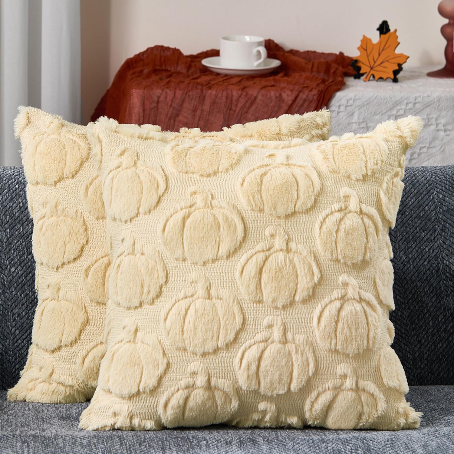 DFXSZ Fall Pillow Covers 20x20 Set of 2 Fall Decorations Autumn Rust Pumpkin Throw Pillow Cases Soft Plush Faux Fur Wool Couch Cushion Case for Chair Sofa Living Room Home Decor PTK045D20
