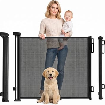 Rainberg Retractable Stair Gate for Baby & Pet with Secure 2-Step Lock 150cm Wide & 80cm Tall, One Hand Operated Baby Gate, Child Safety Gate for Doorways Stairs, Hallways, Kitchen Black
