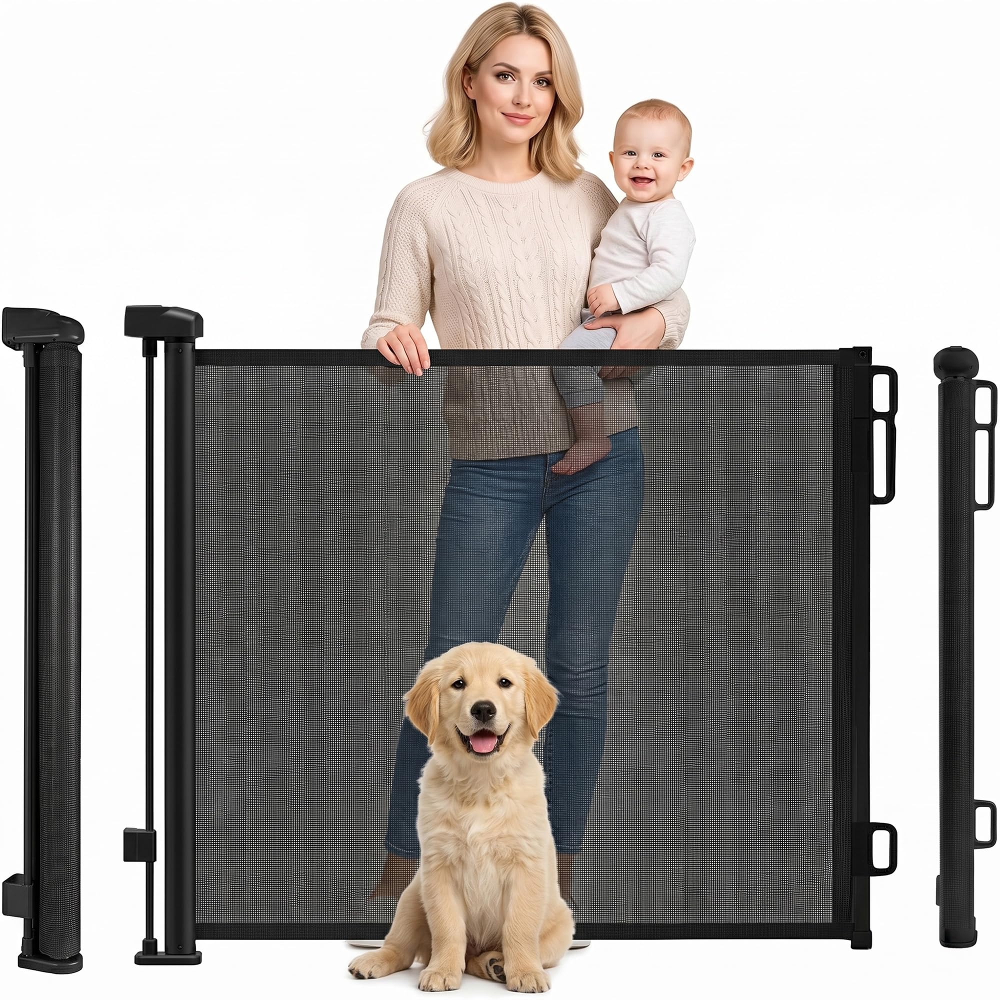 Rainberg Retractable Stair Gate for Baby & Pet with Secure 2-Step Lock 150cm Wide & 80cm Tall, One Hand Operated Baby Gate, Child Safety Gate for Doorways Stairs, Hallways, Kitchen (Black)