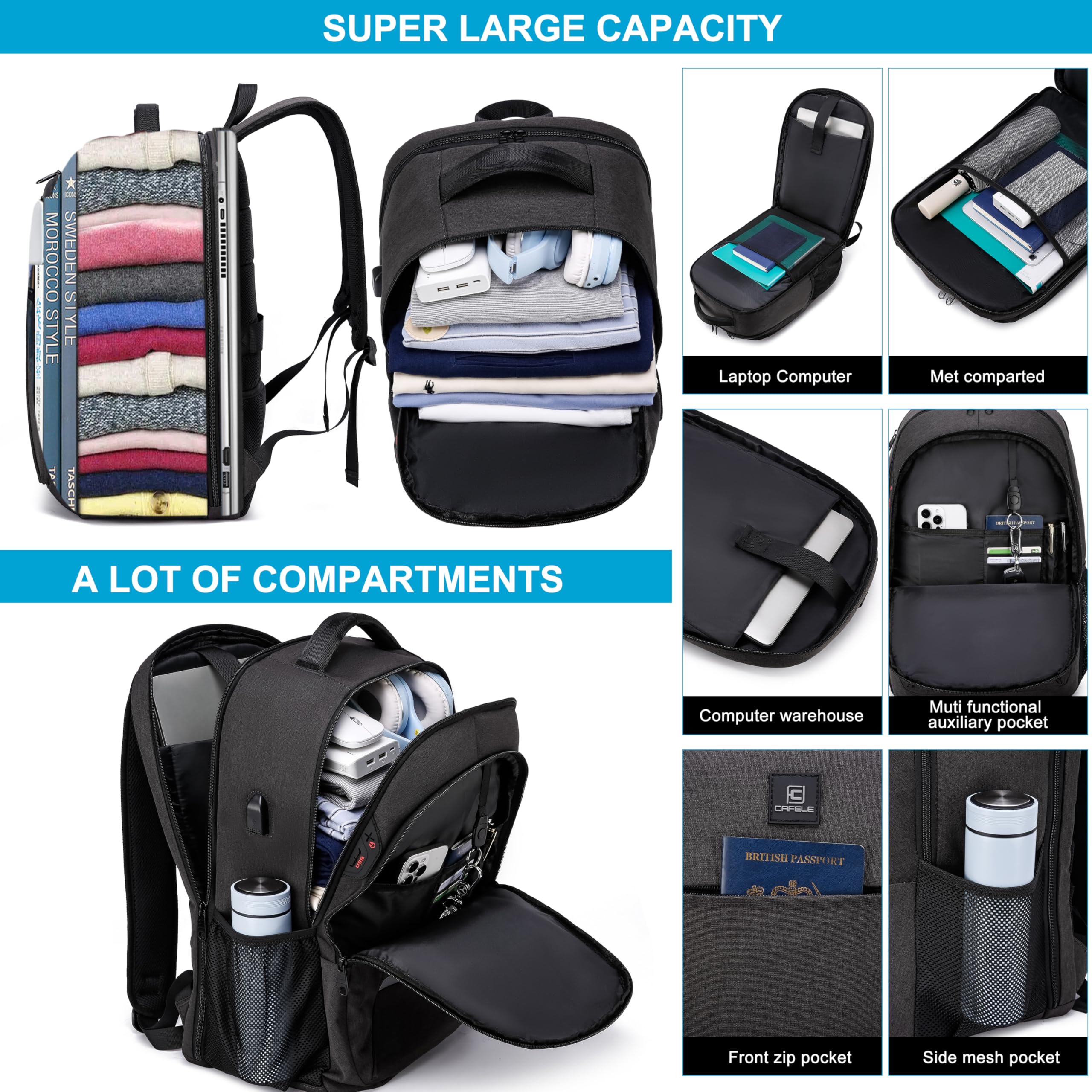 CAFELE Sac à dos professionnel avec compartiment 17,3 pouces et port USB de recharge - Idéal pour le travail, les voyages et l'école. Style tendance unisexe en gris