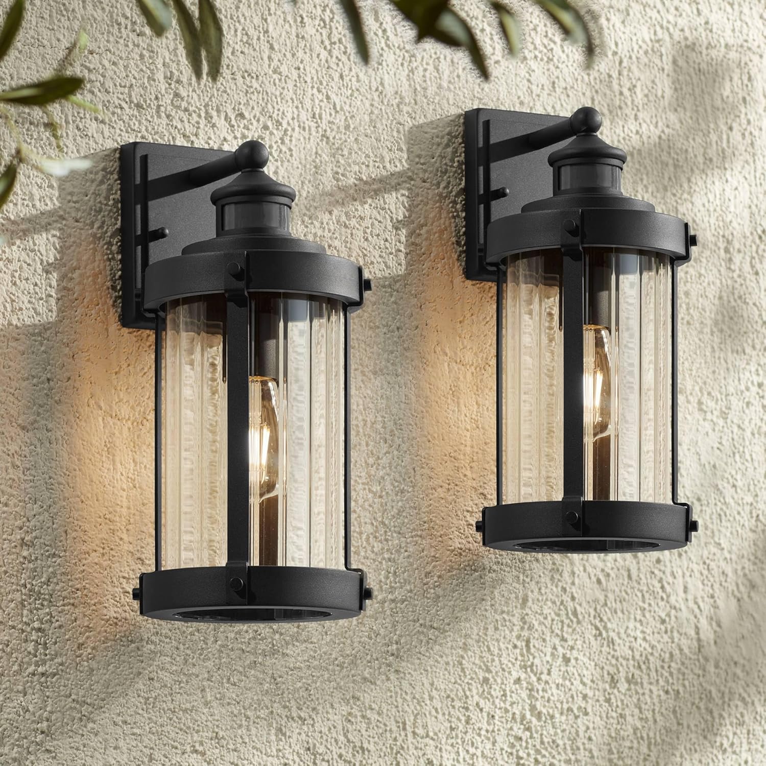 John Timberland Stan Industrial Outdoor Wall Light Fixtures Set of 2 Textured Black Motion Sensor 15" Clear Ribs Smooth Glass for Post Exterior Barn Deck House Porch Yard Patio Garage Garden