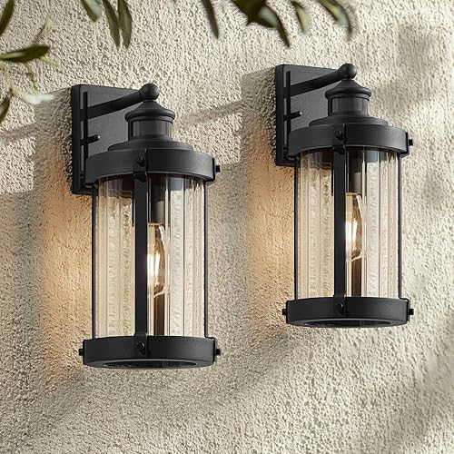 John Timberland Stan - Juego de 2 lámparas industriales de pared para exteriores, con sensor de movimiento negro texturizado, varillas transparentes