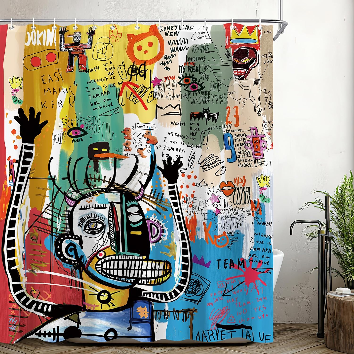 Modern Abstract Shower Curtain Sets for Bathroom 60Wx72H Colorful Graffiti Art Shower Curtain Funny Cool Men Teen Boys Polyester Bathtub Curtain Fun Absurd Bathroom Decor with 12 Hooks