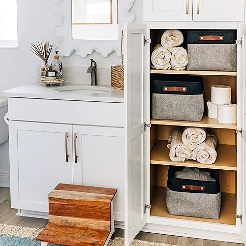 Vista 37 de OrganiHaus - Canastas de almacenamiento estrechas, 15 x 06 pulgadas, pequeñas, para estantes, armarios, baños, organizador de tela con asas, Beige