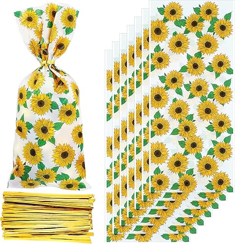 100 bolsas de celofán de girasol, bolsas de dulces para recepción y golosinas con 150 lazos dorados para recuerdos de fiesta