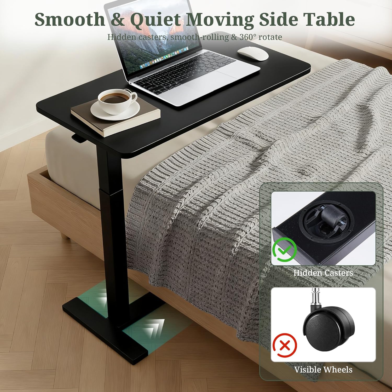 Mobile Standing Desk, Adjustable Height Desk with Hidden Casters, Portable Laptop Computer Table with Rolling Wheels, for Sit Stand Workstation, Compact and Sturdy for Home, Office, Dorm, Black