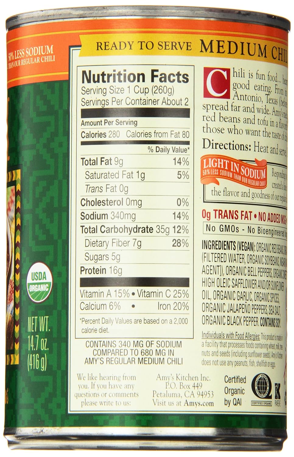 Amy's Organic Chili, Vegan Medium Chili, Light in Sodium, Gluten Free, Made With Organic Red Beans and Tofu, 14.7 Oz (6 Pack)