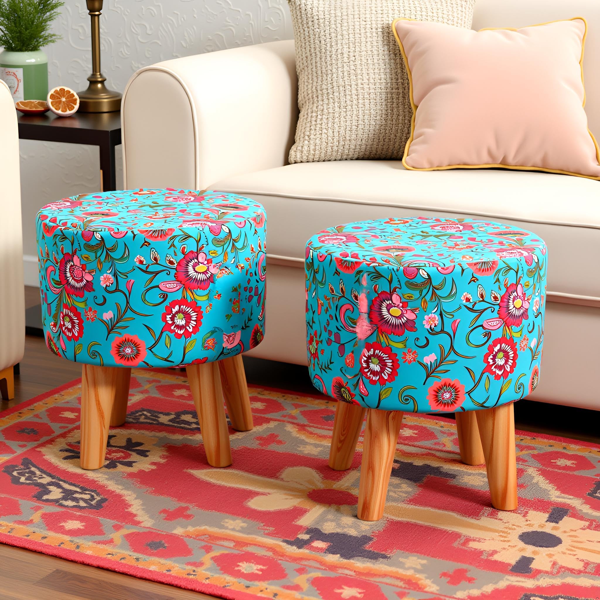 NACIA Printed Ottoman Stools for Home Printed Ottoman Stool Set of 2 Bench for Living Room for Sitting Wooden Round Foot Rest Pouf for Home Decoration Pouffes for Dressing Table 16"x18" Blue Leaf