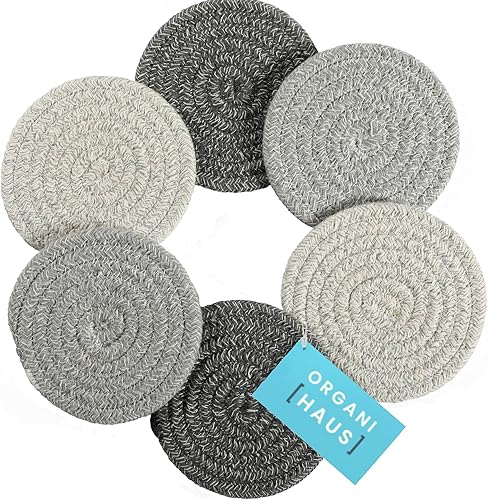 OrganiHaus Juego de 6 posavasos de algodón absorbente, decoración rústica de estilo bohemio para mesa de café y protección de bebidas, posavasos