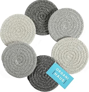 OrganiHaus Drink Coasters Set of 6, Absorbent Cotton Woven Cup Coasters, Rustic Farmhouse Boho Decor for Coffee Table and Drinks Protection, Cute Coaster for Drinks, Coaster for Office Desk - Gray