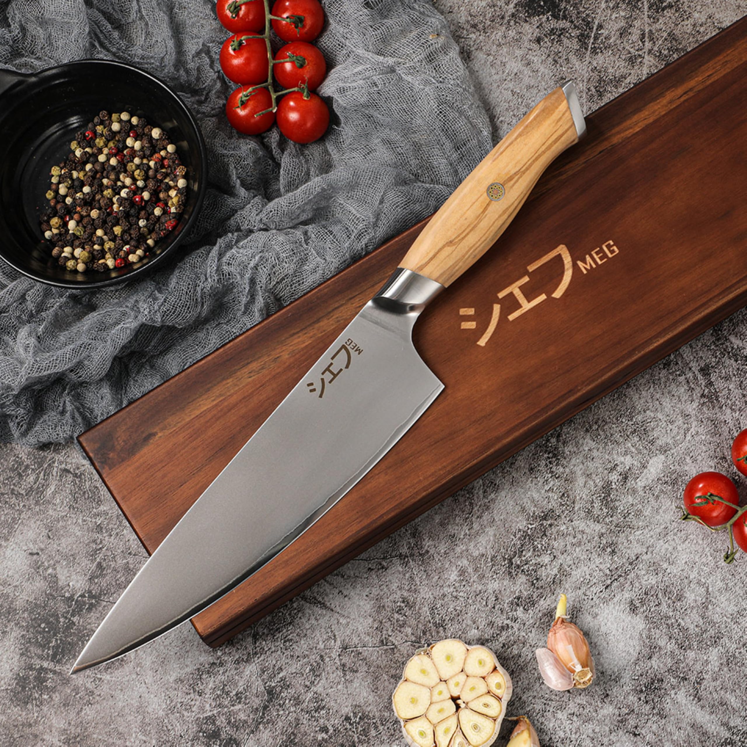 MEG Gyuto 206mm kute w San Mai nóż szefa kuchni, 3-warstwowy, ergonomiczny uchwyt z drewna oliwnego, certyfikat do użytku profesjonalnego, pudełko z drewna akacjowego, idealne na prezent