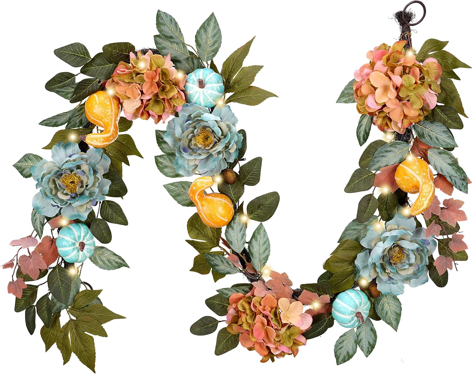 DecorbyHannah Thanksgiving Garland with Lights for Mantle, 6 Ft Artificial Fall Autumn Floral Garland with Peony Hydrangea and Pumpkins for Harvest Indoor Outdoor Decorations Table Centerpiece