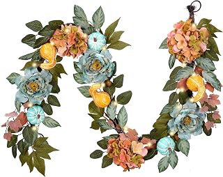 DecorbyHannah Thanksgiving Garland with Lights for Mantle, 6 Ft Artificial Fall Autumn Floral Garland with Peony Hydrangea and Pumpkins for Harvest Indoor Outdoor Decorations Table Centerpiece