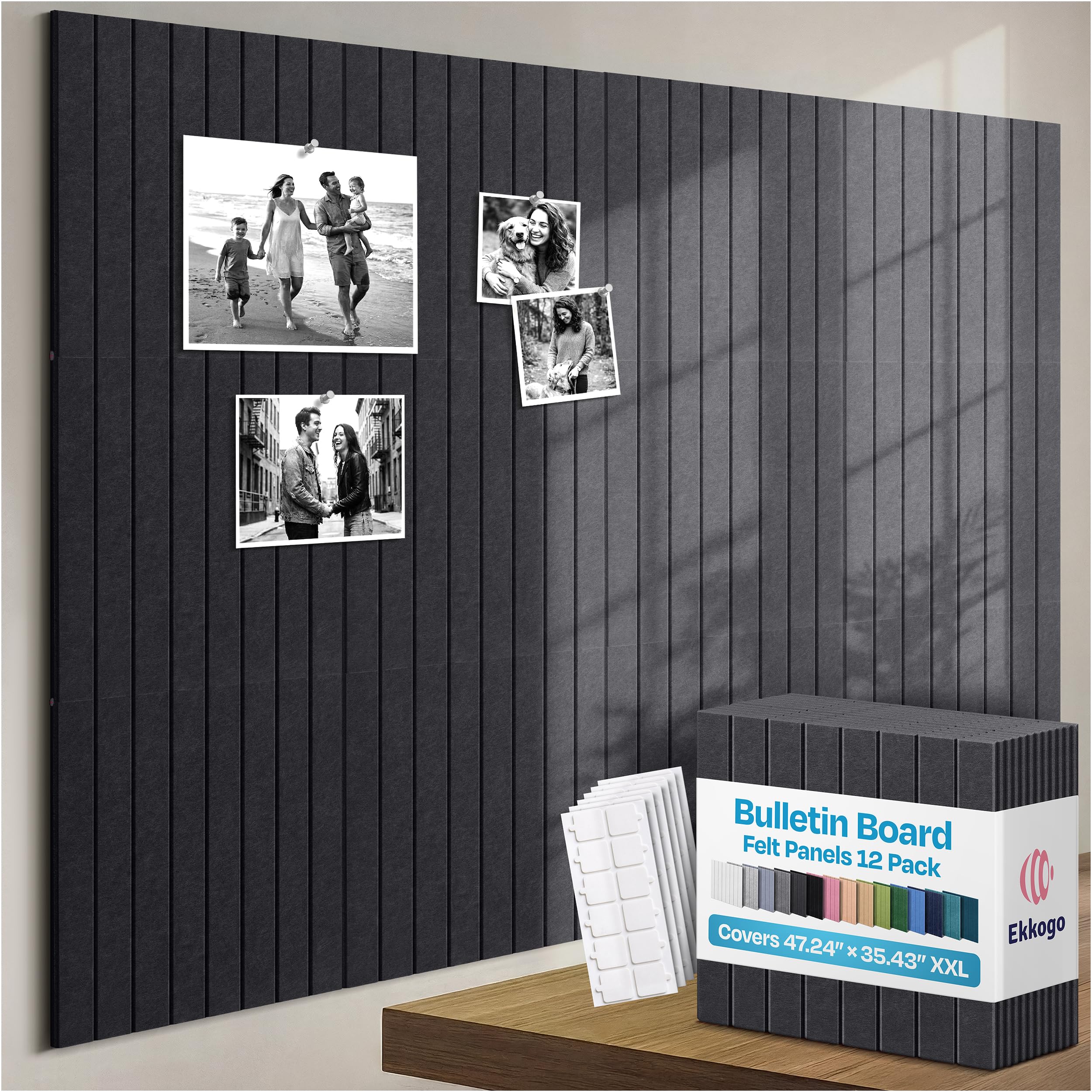 X-Large Cork Board Alternative 12-Pack Felt Bulletin Board Thick and Decorative Pin Board for Home Office Walls 47.24 x 35.43 Inches with 72 Adhesive Tabs - [Dark Gray]