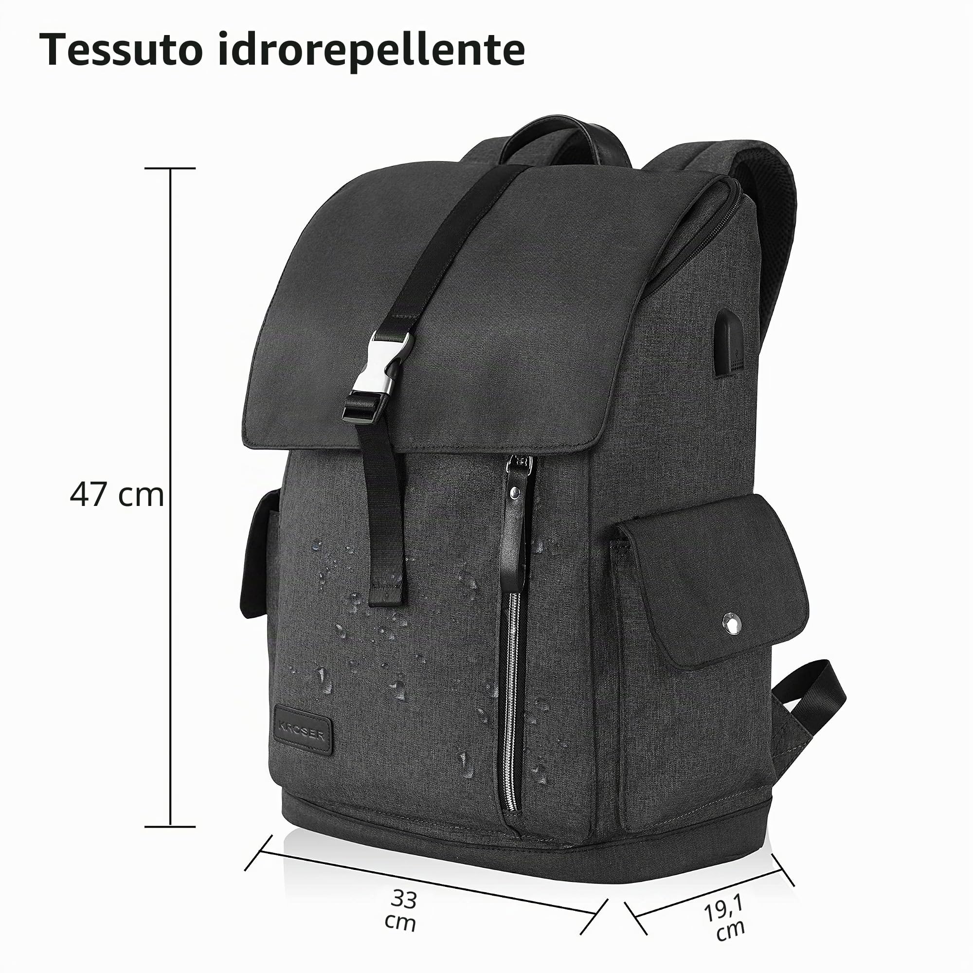 KROSER 17,3 pollice Zaino antifurto idrorepellente con porta | 17,3 pollice Zaino antifurto idrorepellente con porta di ricarica USB per laptop,Adatto per affari/scuola/viaggi-Nero