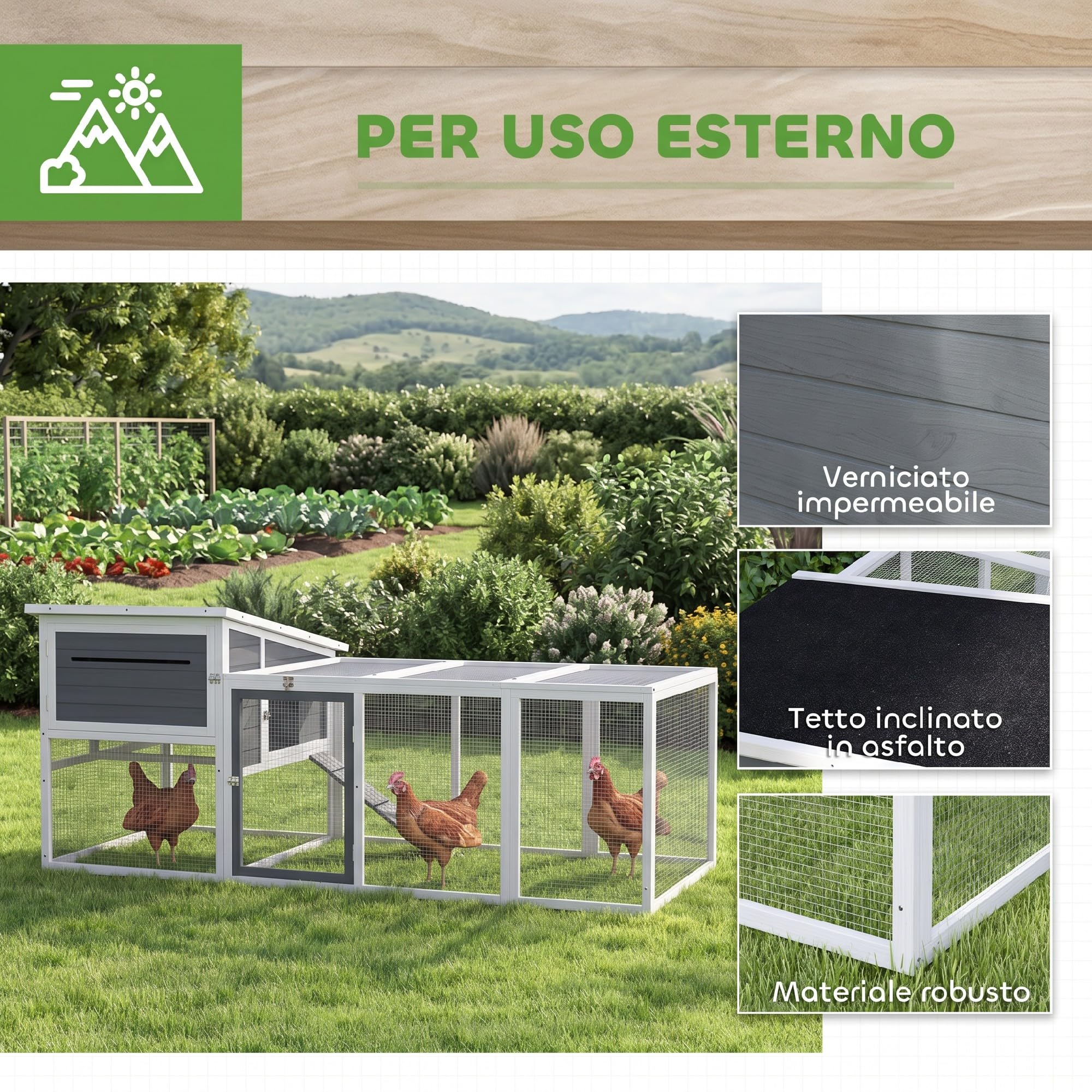 PawHut Pollaio per Galline Ovaiole Esterno con Nido 214x101x91.5cm Grigio | Casetta, Tetto Impermeabile Apribile, Vassoio Estraibile, Porte, Gabbia Recinto, per 2-4 Galline Conigli, in Legno