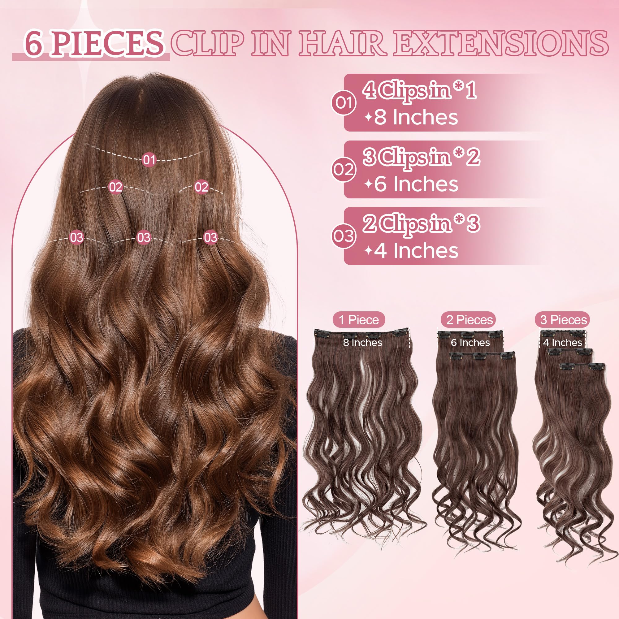 SEGO Clip In Hair Extensions 22 Inch 6PCS Thick Clip In Hair Hairpieces 150g Long Wavy Hair Extension Synthetic Full Head for Women Medium Brown & Dark Brown - Image 3