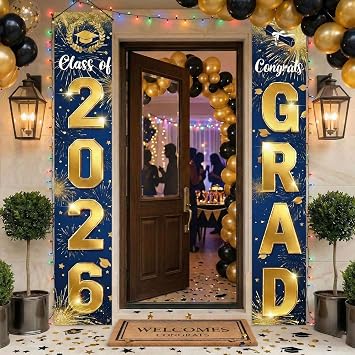 2026 Graduation Decorations Door Porch Banner, Graduation Party Decorations, Congrats Grad Class of 2026 Graduation Banner Black Gold, Graduation Decor for Any Schools or Grades Party Supplies Blue